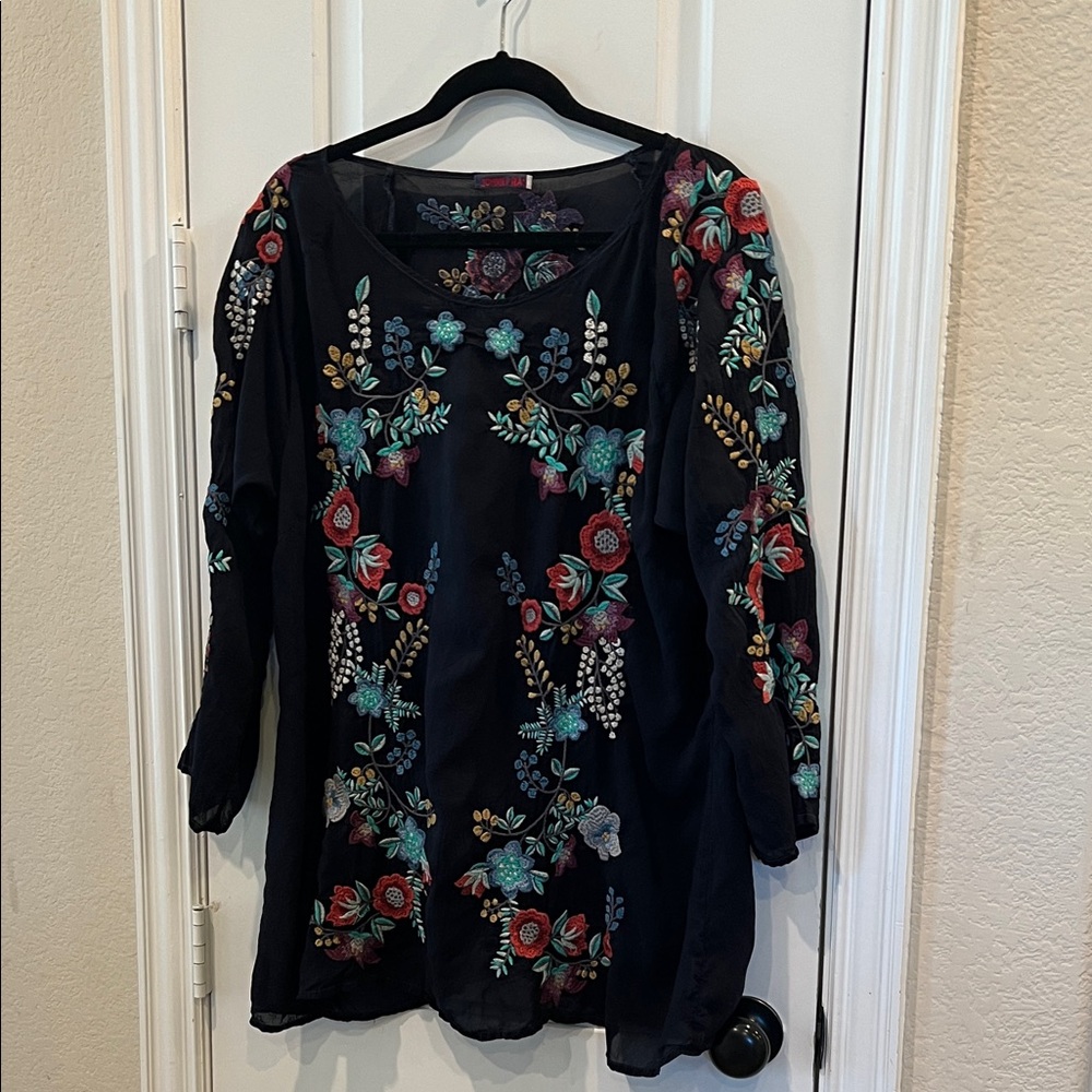 Johnny Was Black Blouse with Colorful Floral Embroidery